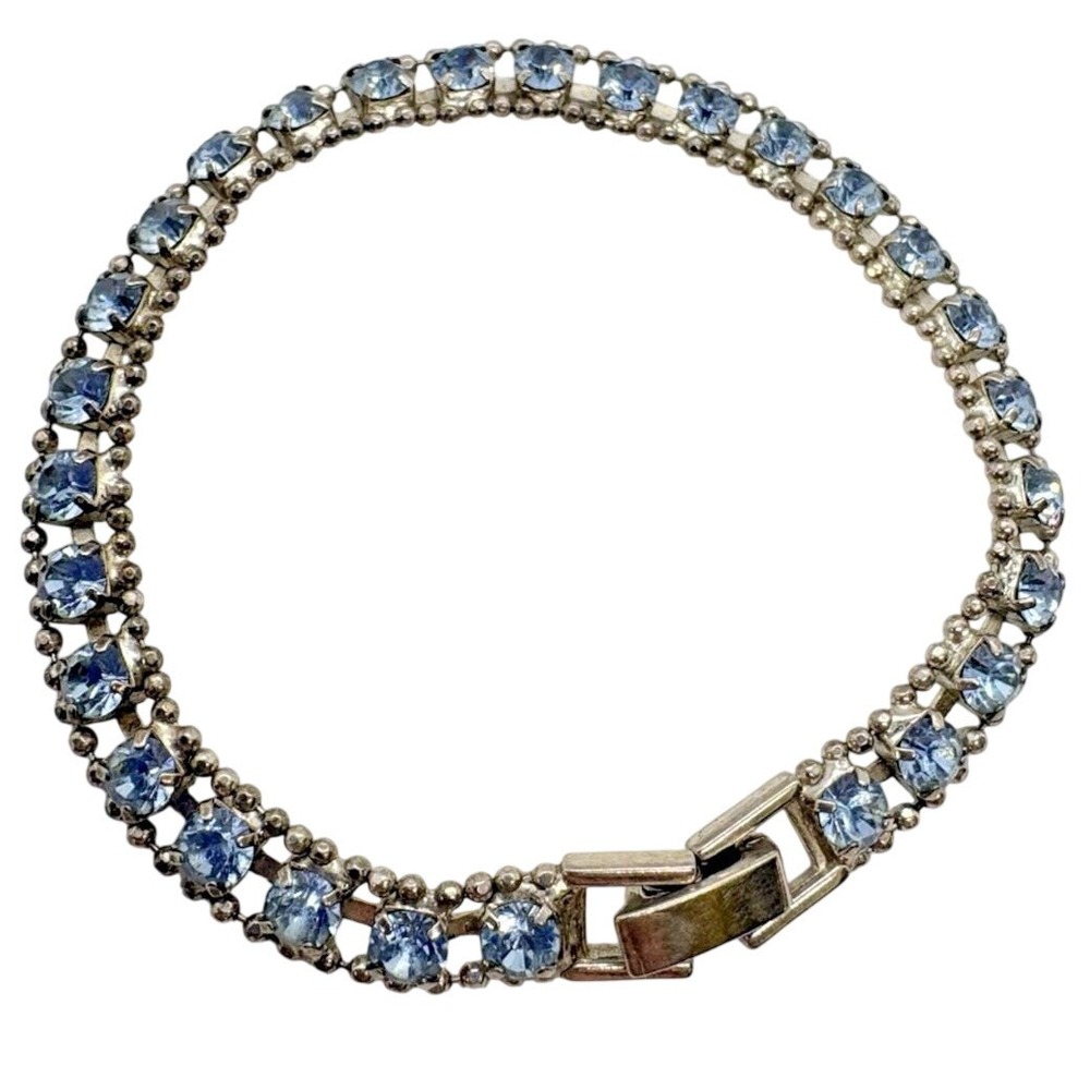 Vintage Silver Tone Rhinestone Bracelet Mid Century Blue‎ Glass Stones Sparkly